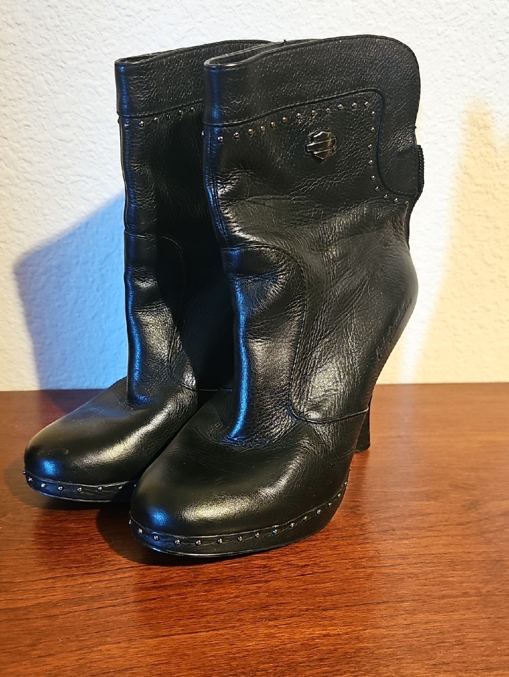 Harley Davidson Black Leather High-Heel Ankle Boots - Women's
